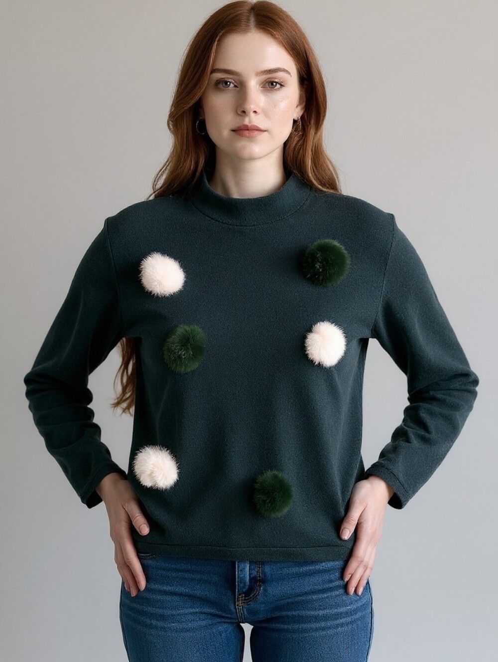 Playful Rabbit Fur Pom-Pom Sweater In Green and White
